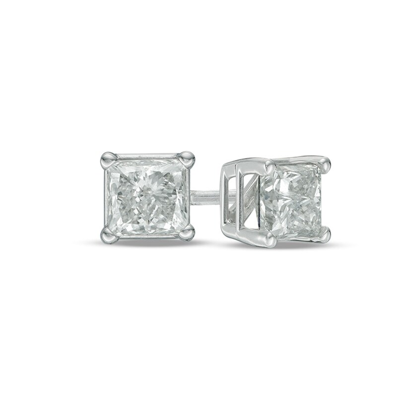 Main Image 1 of 1-1/5 CT. T.W. Princess-Cut Diamond Solitaire Stud Earrings in 14K White Gold (I/I2)