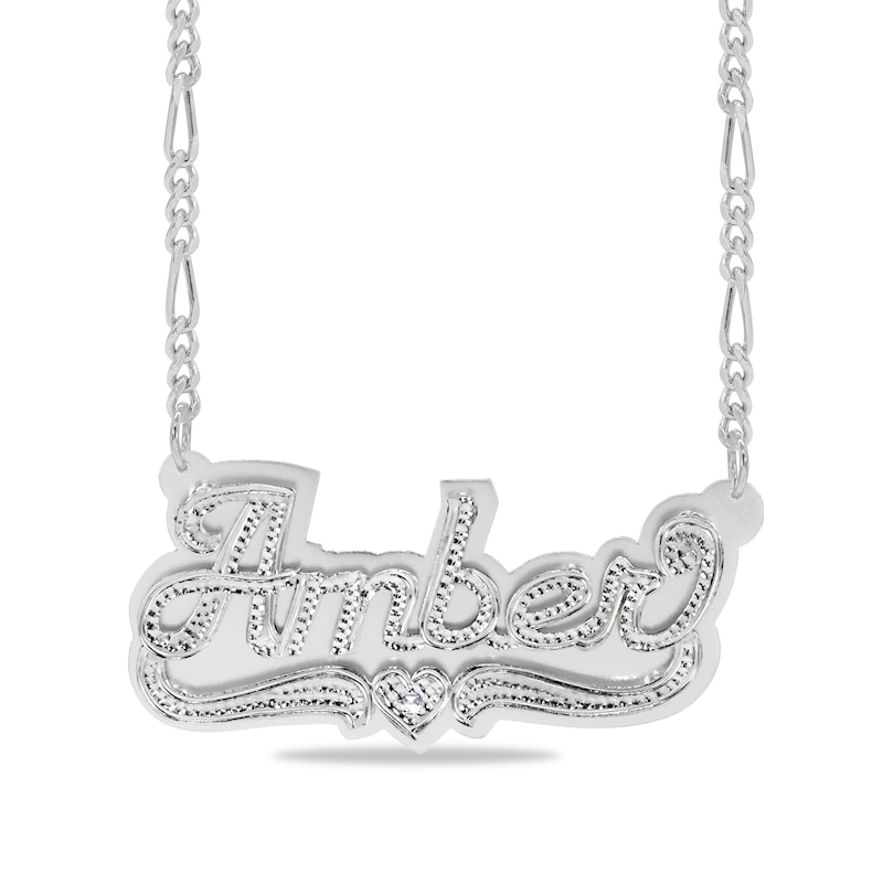 Diamond Accent Hammered Name and Heart Ribbon Accent Plate Necklace in Sterling Silver (1 Line)