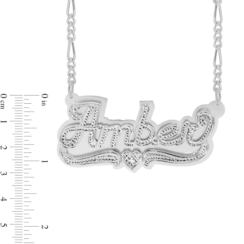 Diamond Accent Hammered Name and Heart Ribbon Accent Plate Necklace in Sterling Silver (1 Line)