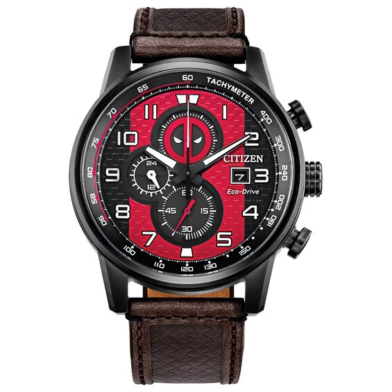 Men's Citizen Eco-Drive® Deadpool Chronograph Black IP Strap Watch with Red and Black Dial (Model: CA0688-04W) Men's Citizen Eco-Drive® Deadpool Chronograph Black IP Strap Watch with Red and Black Dial (Model: CA0688-04W)