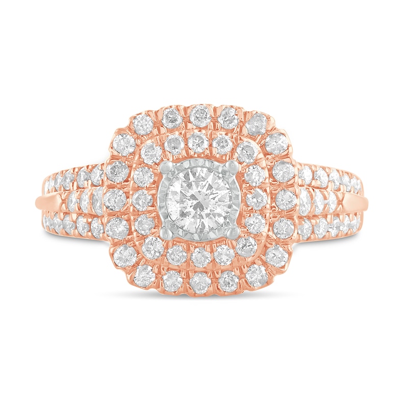 Main Image 3 of 1 CT. T.W. Diamond Double Cushion Frame Engagement Ring in 10K Rose Gold