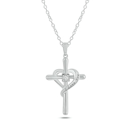 Diamond Accent Engravable Heart Wrapped Cross Pendant in Sterling Silver (1 Line)
