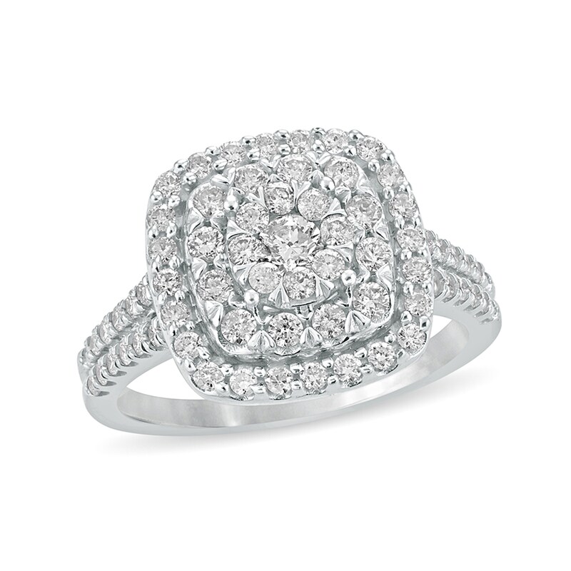 1 CT. T.W. Diamond Multi-Row Cushion Frame Engagement Ring in 10K White Gold