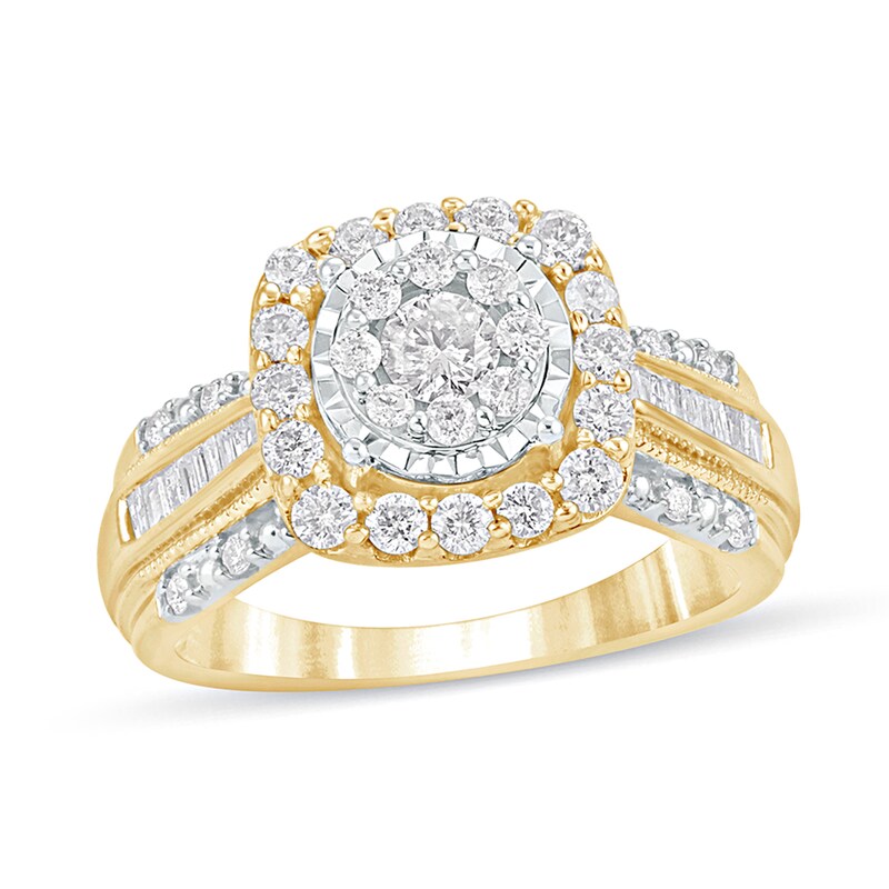 1 CT. T.W. Composite Diamond Cushion Frame Vintage-Style Engagement Ring in 10K Gold