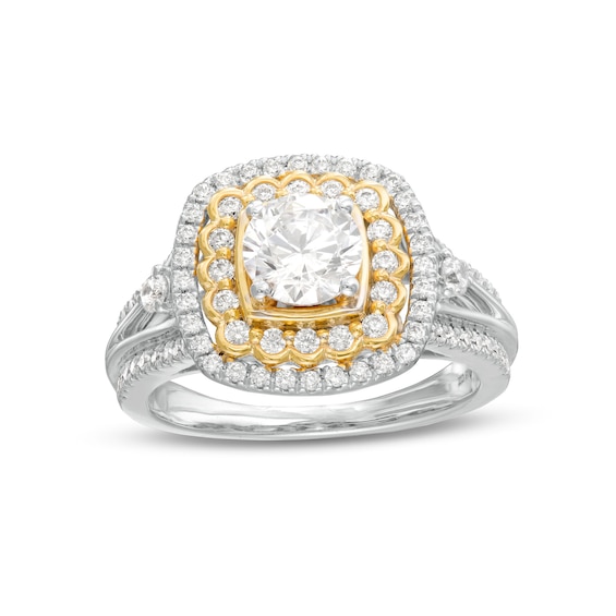 1-1/3 CT. T.w. Diamond Scallop and Cushion Double Frame Split Shank Engagement Ring in 10K Two-Tone Gold