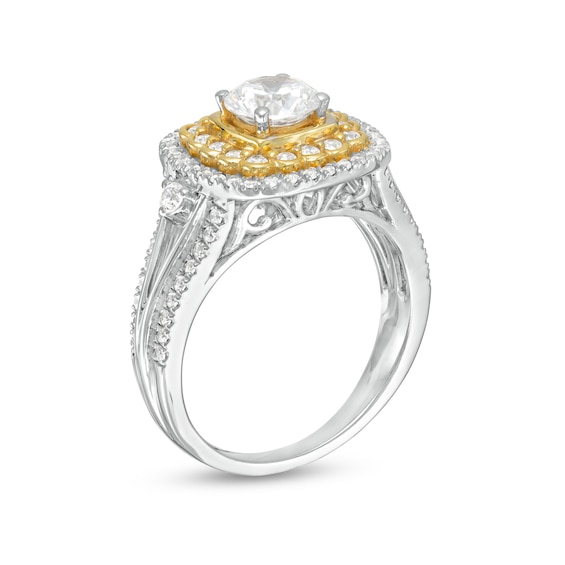 1-1/3 CT. T.w. Diamond Scallop and Cushion Double Frame Split Shank Engagement Ring in 10K Two-Tone Gold