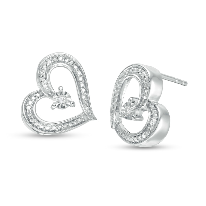Main Image 1 of Diamond Accent Tilted Ribbon Heart Stud Earrings in Sterling Silver