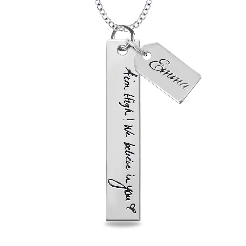 Engravable Your Own Handwriting and Name Tag Charm Vertical Bar Pendant in Sterling Silver (1 Image and Line)