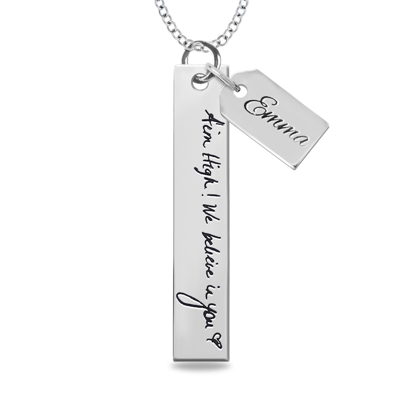 Engravable Your Own Handwriting and Name Tag Charm Vertical Bar Pendant in  Sterling Silver (1 Image and Line)