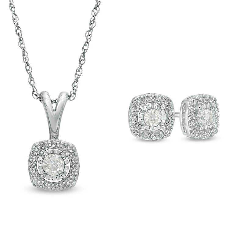 1/5 CT. T.W. Diamond Cushion Bead Frame Pendant and Stud Earrings Set in Sterling Silver