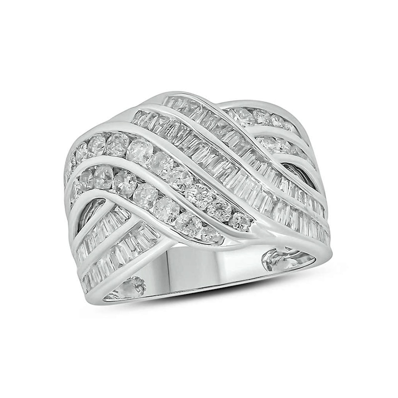 2 CT. T.W. Baguette and Round Diamond Multi-Row Bypass Ring in 10K White Gold