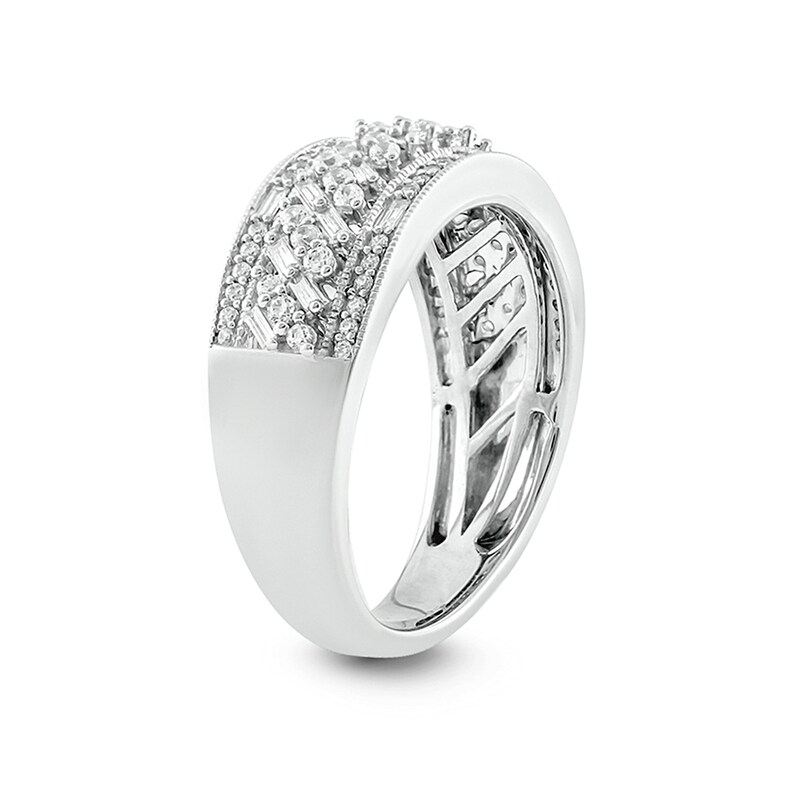 1/2 CT. T.W. Baguette and Round Diamond Multi-Row Vintage-Style Ring in 10K White Gold