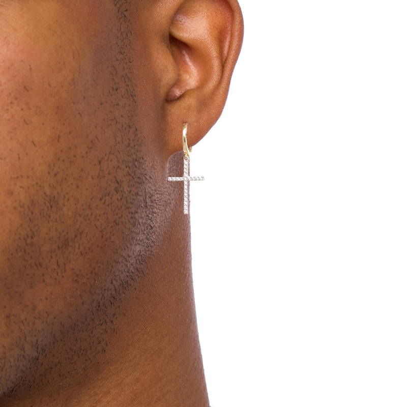 Main Image 2 of 1/5 CT. T.W. Diamond Cross Drop Hoop Earrings in 10K Gold
