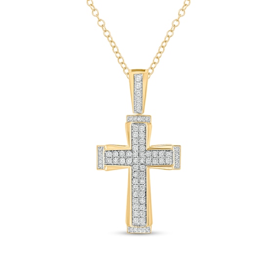 Men's 1/10 CT. T.w. Diamond Double Row Art Deco Cross Pendant in Sterling Silver with 14K Gold Plate