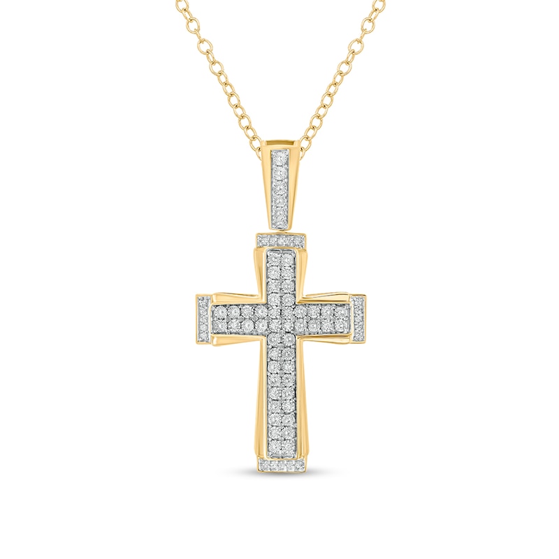 Men's 1/10 CT. T.W. Diamond Double Row Art Deco Cross Pendant in Sterling Silver with 14K Gold Plate