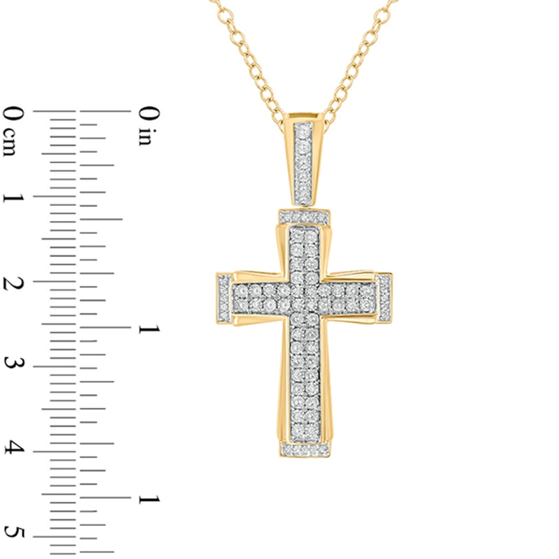 Men's 1/10 CT. T.W. Diamond Double Row Art Deco Cross Pendant in Sterling Silver with 14K Gold Plate