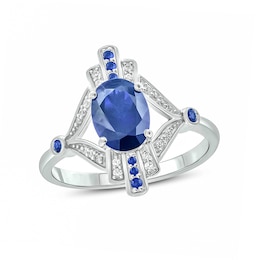 Oval Lab-Created Blue Sapphire and 1/15 CT. T.W. Diamond Art Deco Evil Eye Ring in Sterling Silver