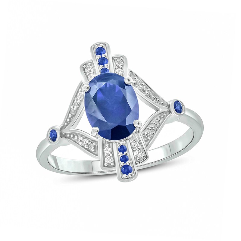 Main Image 1 of Oval Lab-Created Blue Sapphire and 1/15 CT. T.W. Diamond Art Deco Evil Eye Ring in Sterling Silver