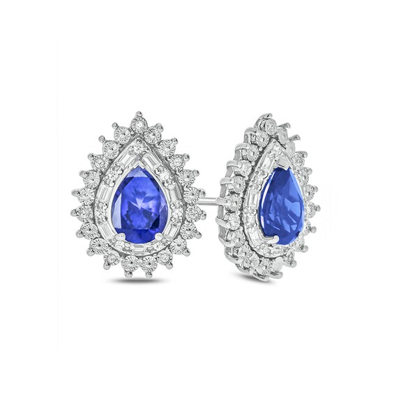 Pear-Shaped Lab-Created Blue Sapphire and 1/6 CT. T.W. Diamond Starburst Double Frame Stud Earrings in Sterling Silver Pear-Shaped Lab-Created Blue Sapphire and 1/6 CT. T.W. Diamond Starburst Double Frame Stud Earrings in Sterling Silver