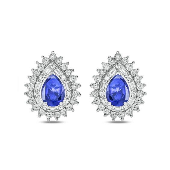 Pear-Shaped Lab-Created Blue Sapphire and 1/6 CT. T.W. Diamond Starburst Double Frame Stud Earrings in Sterling Silver Pear-Shaped Lab-Created Blue Sapphire and 1/6 CT. T.W. Diamond Starburst Double Frame Stud Earrings in Sterling Silver