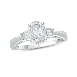 Oval Lab-Created White Sapphire and 1/15 CT. T.W. Diamond Three Stone Ring in Sterling Silver