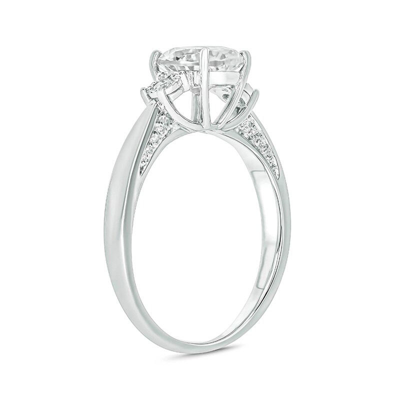 Oval Lab-Created White Sapphire and 1/15 CT. T.W. Diamond Three Stone Ring in Sterling Silver