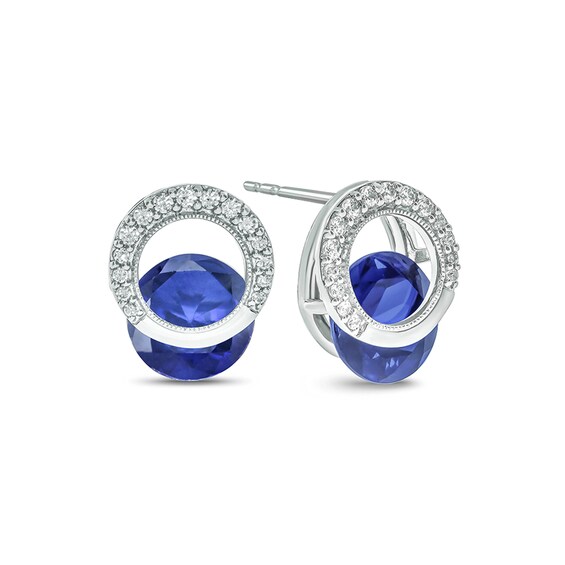 Lab-Created Blue Sapphire and 1/5 CT. T.W. Diamond Milgrain Open Circle Clip-Style Stud Earrings in Sterling Silver Lab-Created Blue Sapphire and 1/5 CT. T.W. Diamond Milgrain Open Circle Clip-Style Stud Earrings in Sterling Silver