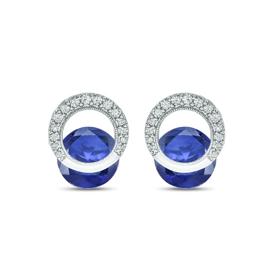 Lab-Created Blue Sapphire and 1/5 CT. T.W. Diamond Milgrain Open Circle Clip-Style Stud Earrings in Sterling Silver Lab-Created Blue Sapphire and 1/5 CT. T.W. Diamond Milgrain Open Circle Clip-Style Stud Earrings in Sterling Silver