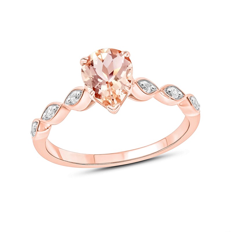 Pear-Shaped Lab-Created Morganite and 1/10 CT. T.W. Diamond Art Deco Ring in 10K Rose Gold