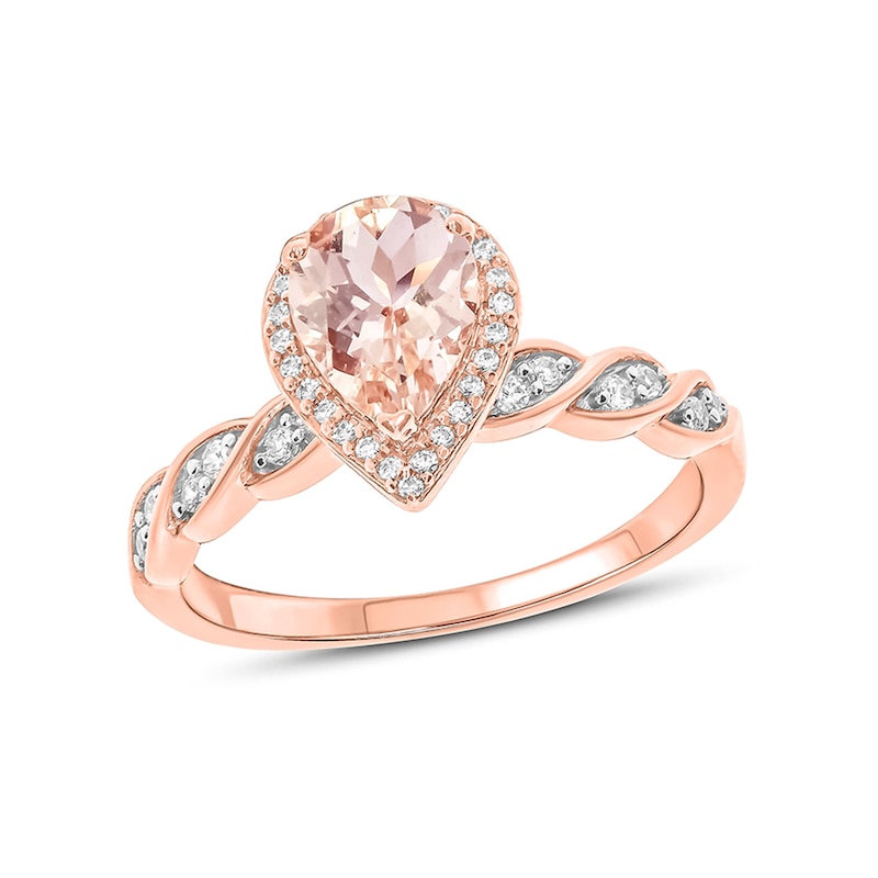 Main Image 1 of Pear-Shaped Morganite and 1/5 CT. T.W. Diamond Frame Twist Shank Ring in 10K Rose Gold