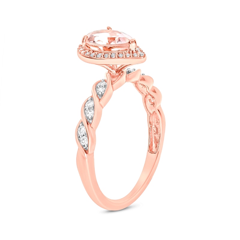 Main Image 2 of Pear-Shaped Morganite and 1/5 CT. T.W. Diamond Frame Twist Shank Ring in 10K Rose Gold
