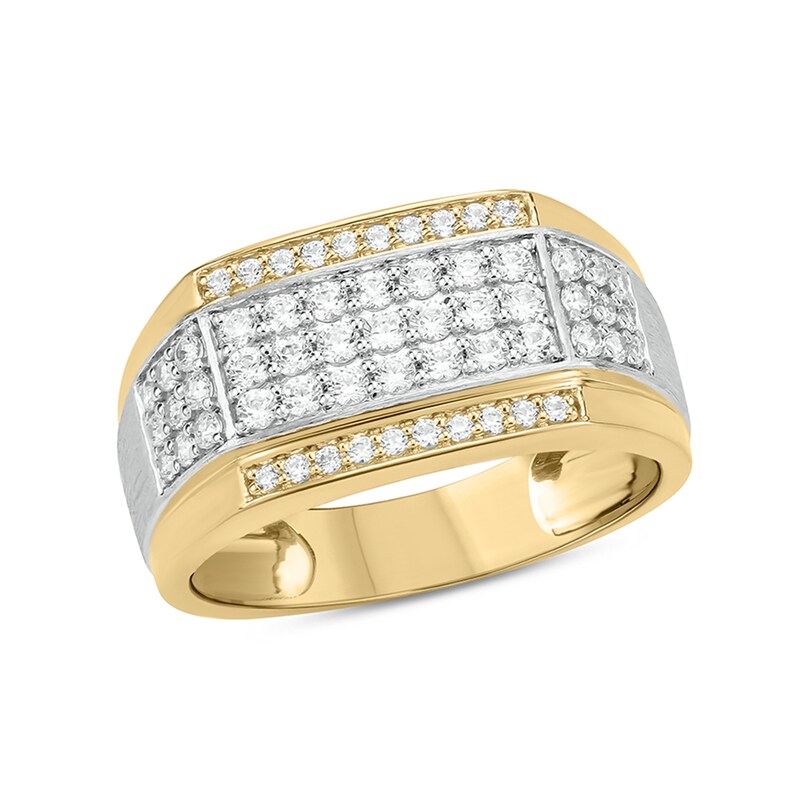 Main Image 1 of Men's 1 CT. T.W. Diamond Border Triple Row Stepped Edge Signet Ring in 10K Two-Tone Gold