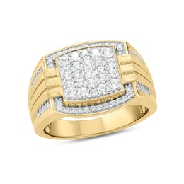 1 CT. T.W. Composite Diamond Cushion Frame Triple Row Grooved Shank Signet Ring in 10K Gold