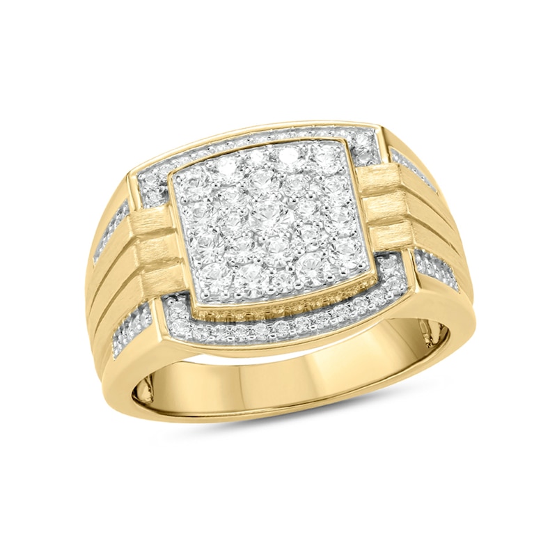 Main Image 1 of 1 CT. T.W. Composite Diamond Cushion Frame Triple Row Grooved Shank Signet Ring in 10K Gold