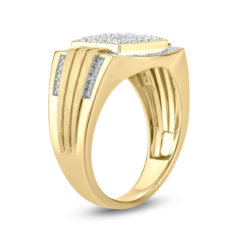 Main Image 2 of 1 CT. T.W. Composite Diamond Cushion Frame Triple Row Grooved Shank Signet Ring in 10K Gold