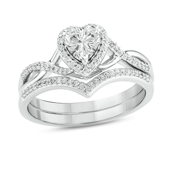 5.0mm Heart-Shaped White Lab-Created Sapphire and 1/5 CT. T.w. Diamond Frame Twist Shank Bridal Set in Sterling Silver