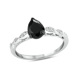 Pear-Shaped Black Sapphire and 1/10 CT. T.W. Diamond Vintage-Style Engagement Ring in 10K White Gold