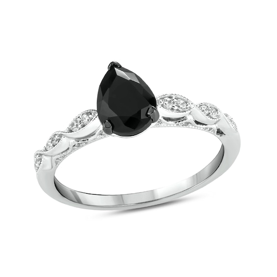 Pear-Shaped Black Sapphire and 1/10 CT. T.W. Diamond Vintage-Style Engagement Ring in 10K White Gold