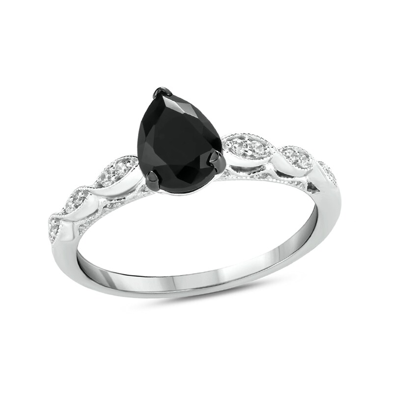 Main Image 1 of Pear-Shaped Black Sapphire and 1/10 CT. T.W. Diamond Vintage-Style Engagement Ring in 10K White Gold