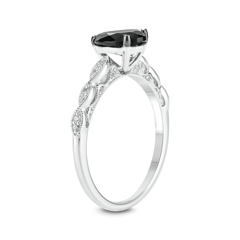 Main Image 2 of Pear-Shaped Black Sapphire and 1/10 CT. T.W. Diamond Vintage-Style Engagement Ring in 10K White Gold