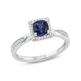 5.0mm Cushion-Cut Blue Lab-Created Sapphire and 1/8 CT. T.W. Diamond Frame Engagement Ring in Sterling Silver