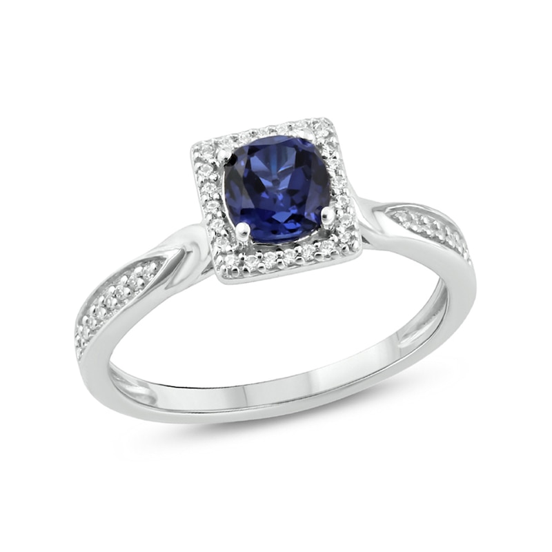 Main Image 1 of 5.0mm Cushion-Cut Blue Lab-Created Sapphire and 1/8 CT. T.W. Diamond Frame Engagement Ring in Sterling Silver