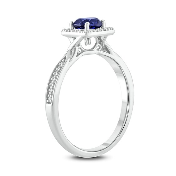 5.0mm Cushion-Cut Blue Lab-Created Sapphire and 1/8 CT. T.w. Diamond Frame Engagement Ring in Sterling Silver
