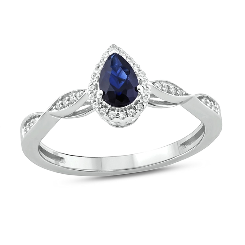 Main Image 1 of Pear-Shaped Blue Lab-Created Sapphire and 1/10 CT. T.W. Diamond Frame Twist Shank Engagement Ring in Sterling Silver