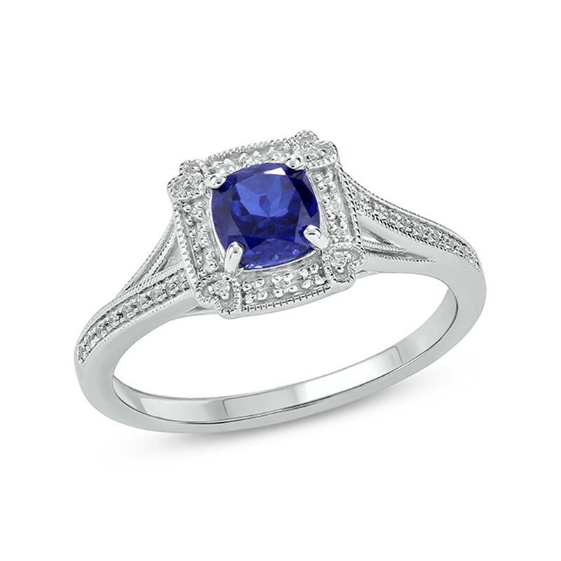 Cushion-Shaped Blue Lab-Created Sapphire and 1/10 CT. T.W. Diamond Frame Split Shank Engagement Ring in Sterling Silver