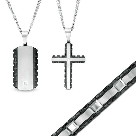 Men's Diamond Accent Dog Tag, Cross Pendant and Bracelet Set in Stainless Steel and Tungsten with Black IP - 24"