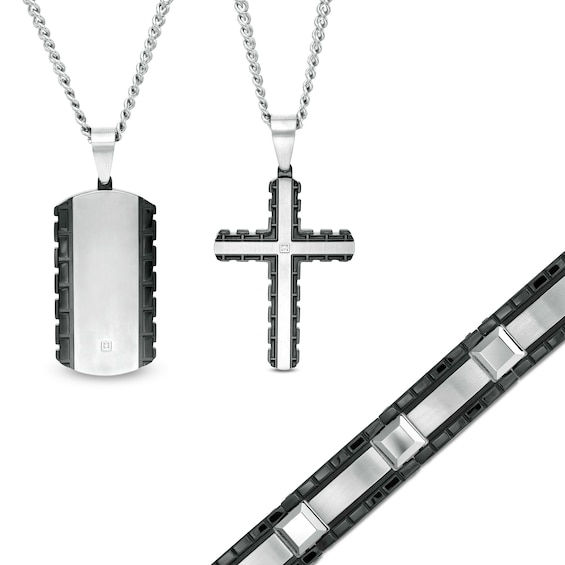 Diamond Accent Dog Tag, Cross Pendant and Bracelet Set in Stainless Steel and Tungsten with Black IP - 24"
