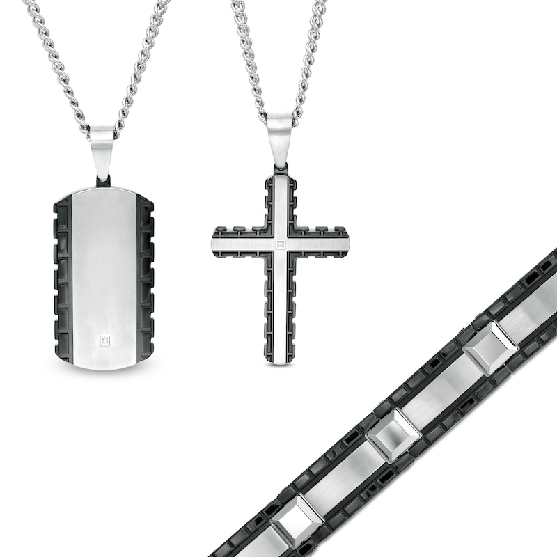 Main Image 1 of Men's Diamond Accent Dog Tag, Cross Pendant and Bracelet Set in Stainless Steel and Tungsten with Black IP - 24"