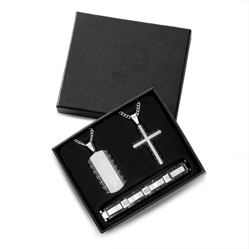 Men's Diamond Accent Dog Tag, Cross Pendant and Bracelet Set in Stainless Steel and Tungsten with Black IP - 24"