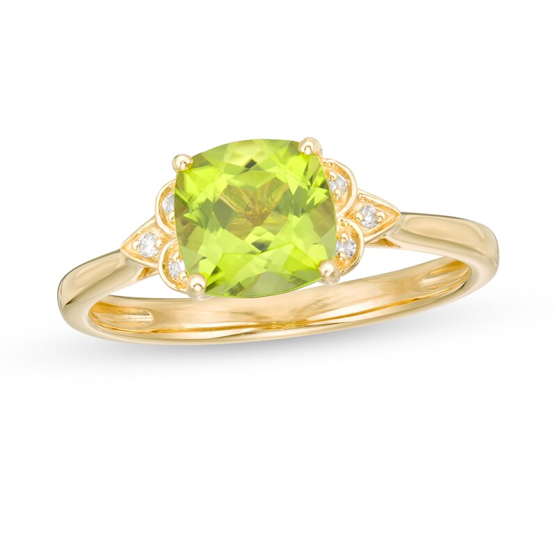 Main Image 1 of 7.0mm Cushion-Cut Peridot and Diamond Accent Floral Tri-Sides Ring in 10K Gold